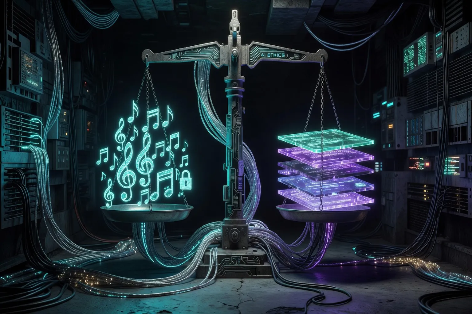 Music production studio with AI-assisted composition software on screens