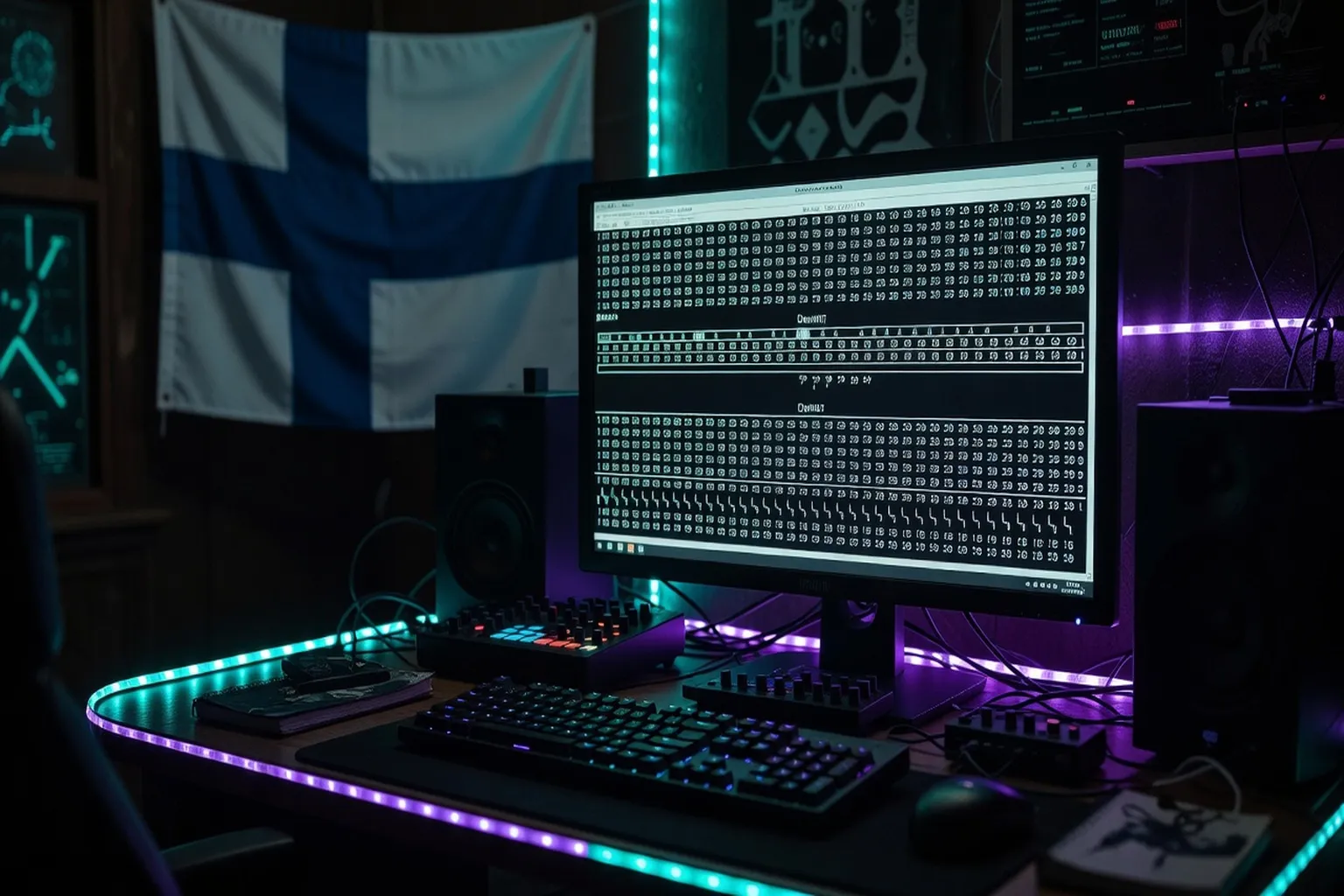 Veteran demoscener at workstation with multiple monitors showing tracker and shader code