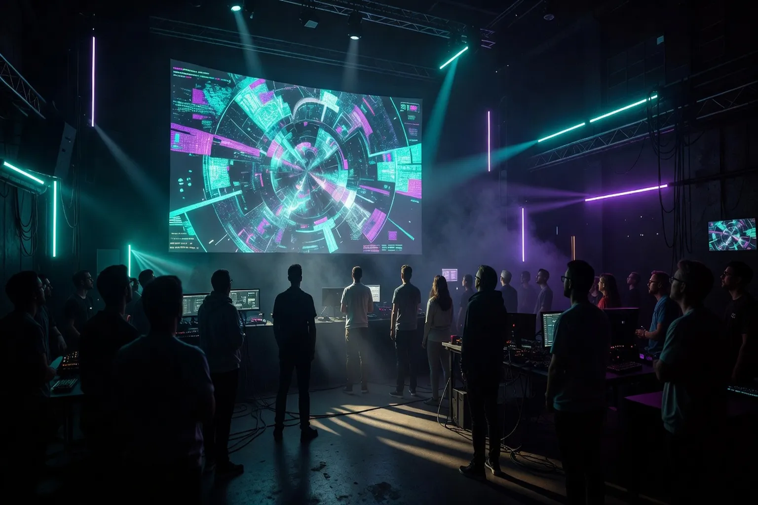 Demoparty stage with large projection screens displaying real-time generative visuals