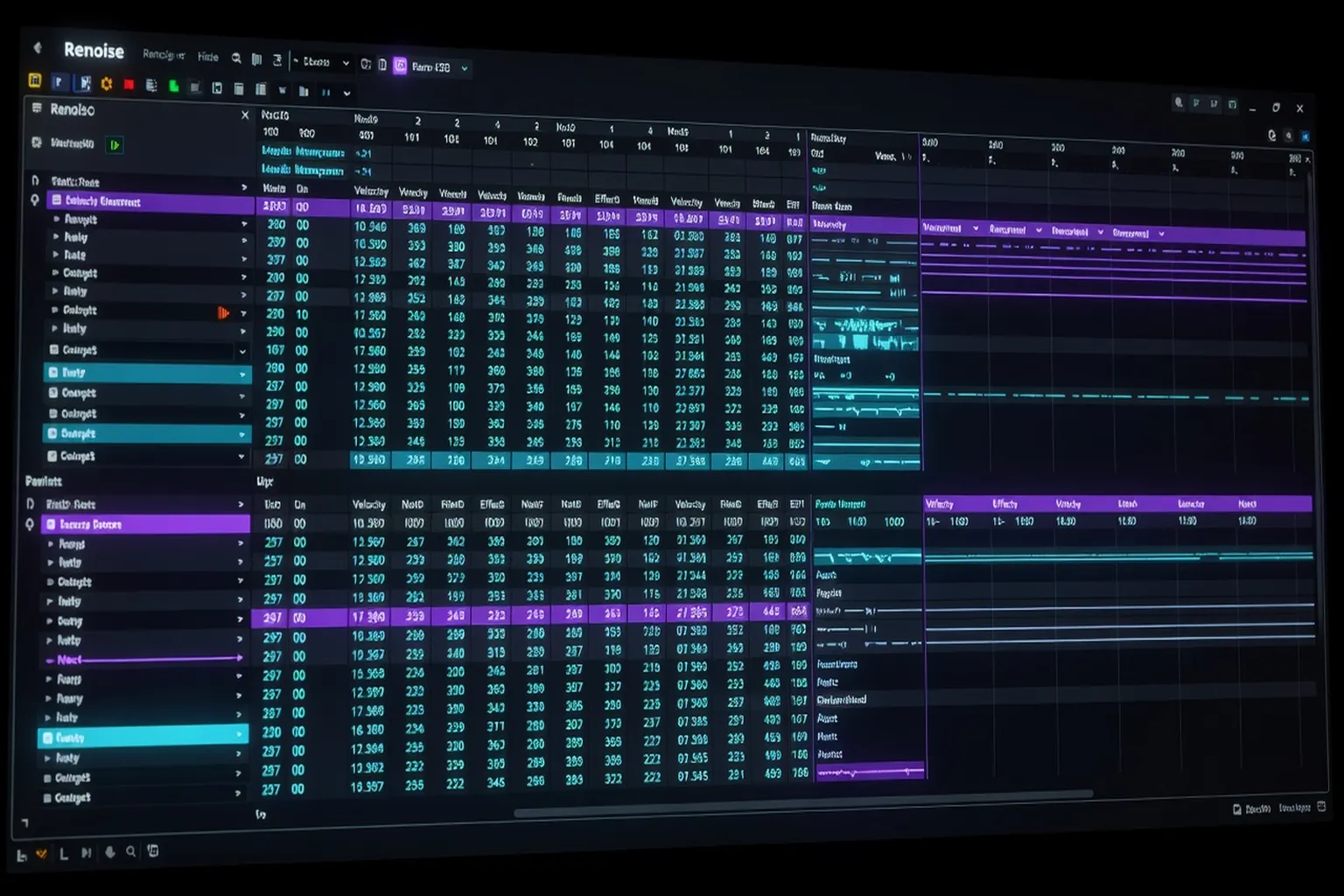 OpenMPT tracker interface showing pattern grid with MOD and XM format channels