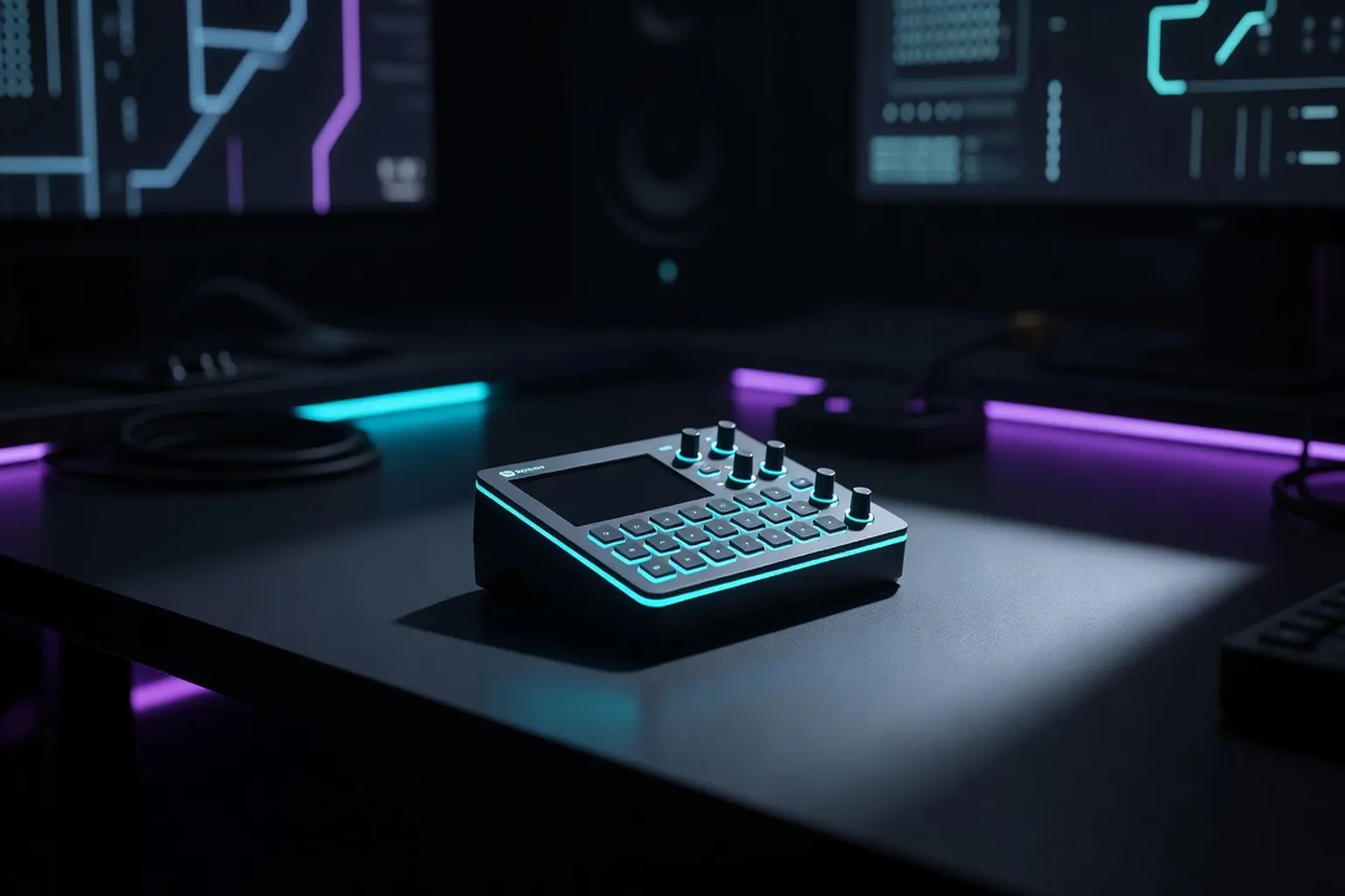 Hardware tracker device with LED display used for live demoscene performance in 2026