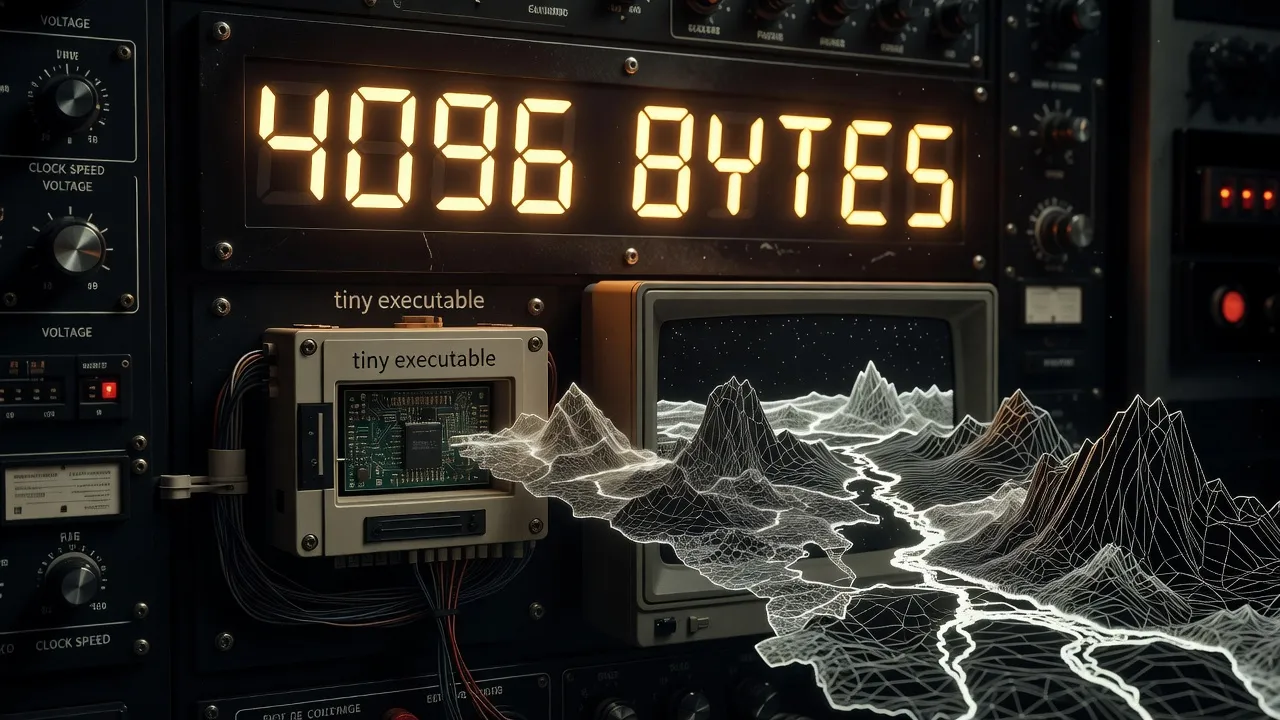 4096 bytes counter display creating complex 3D landscape in amber glow
