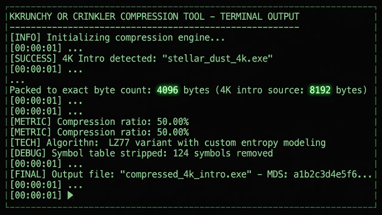 Crinkler compression tool terminal showing 4K intro packed to exact byte count