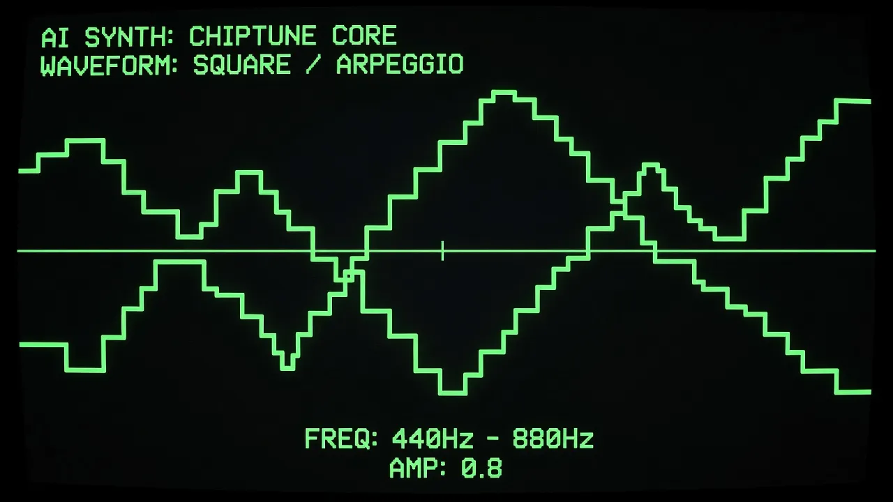 AI generating 8-bit chiptune waveforms on oscilloscope display