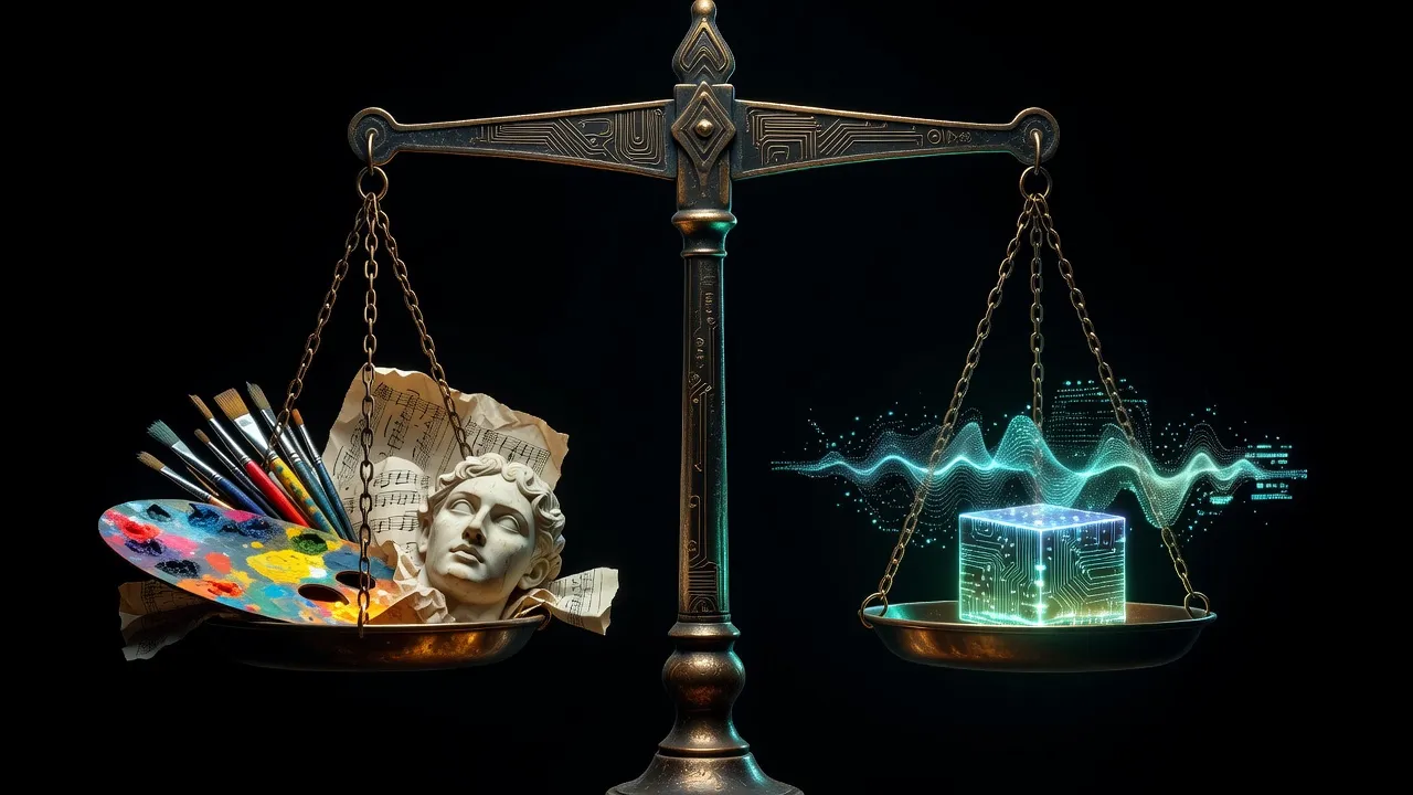 Scale of justice balancing human creativity and AI music generation