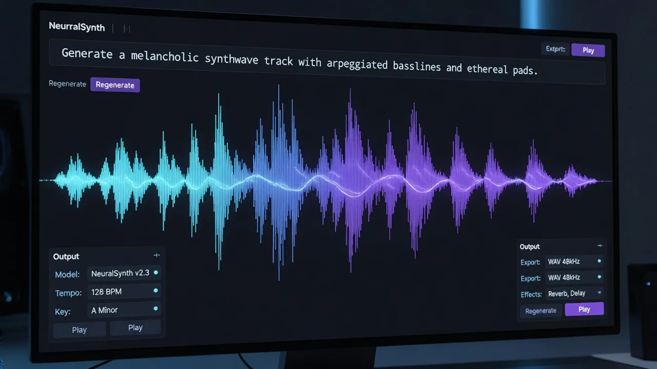 AI music generation interface showing waveform output from text prompt