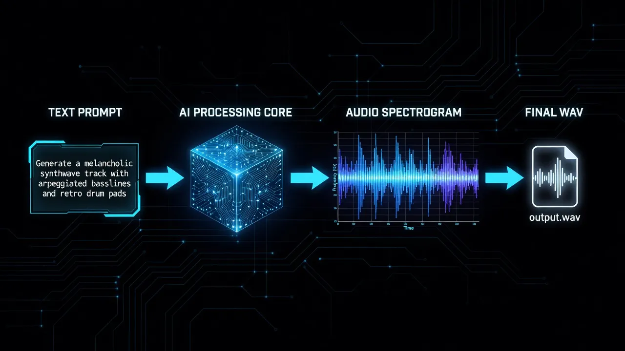 AI music pipeline diagram from text prompt to audio spectrogram to WAV