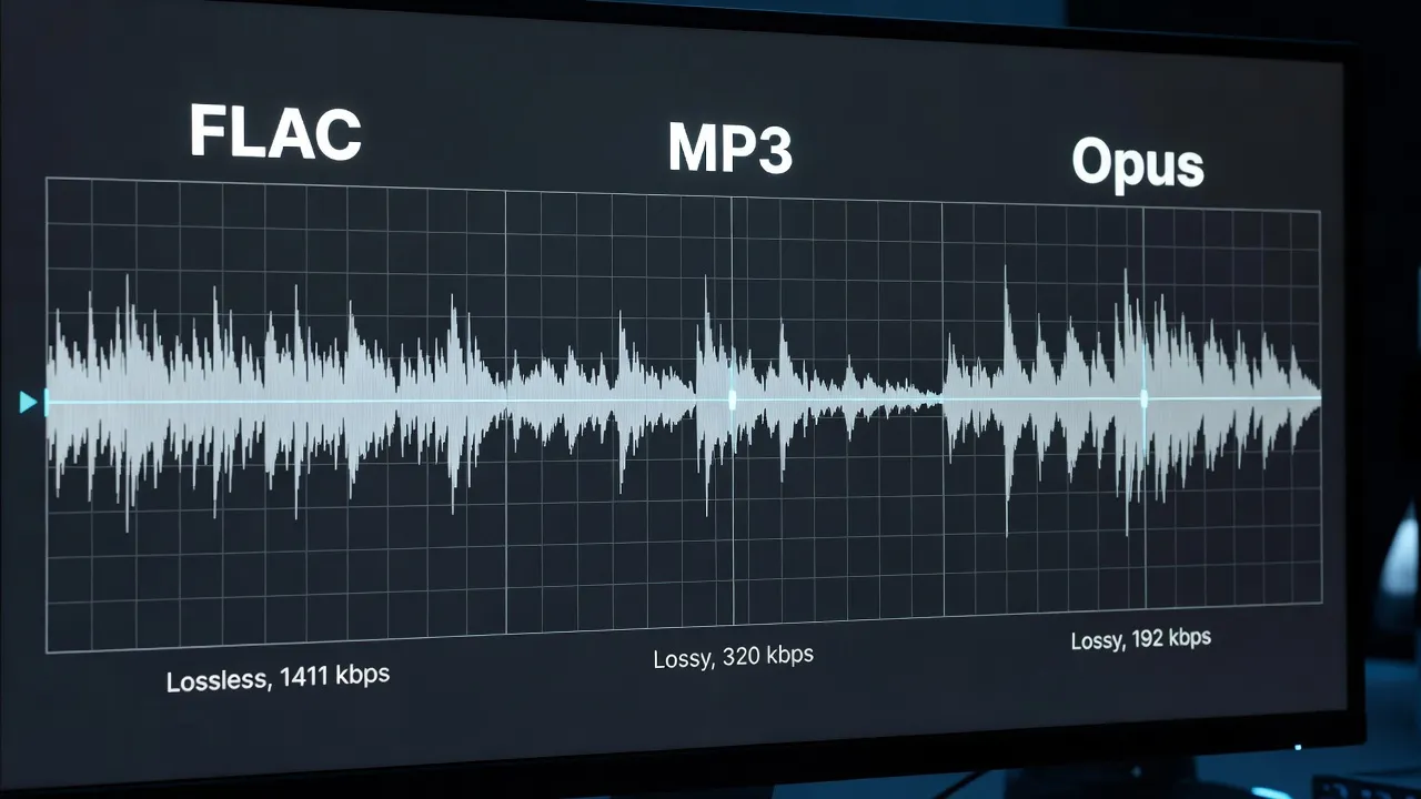 FLAC, MP3, Opus waveforms compared side by side on dark monitor