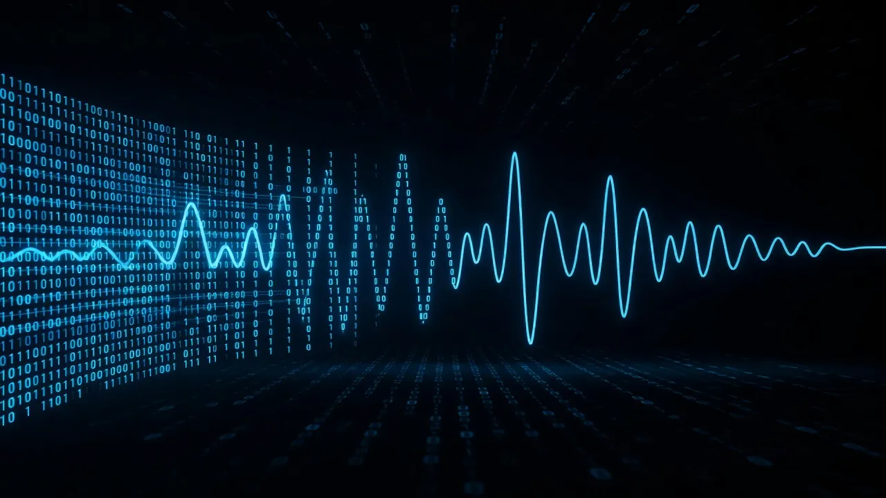 Binary data stream transforming into audio waveform on dark background