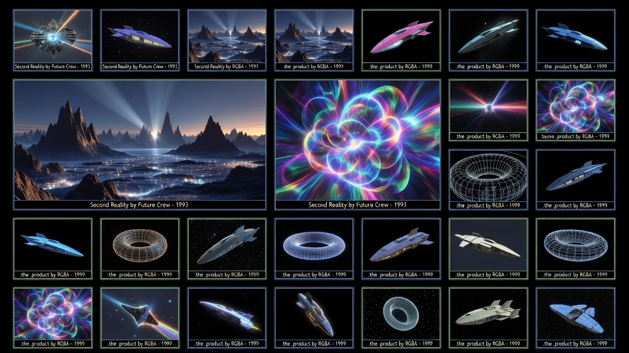 Screenshot mosaic of legendary demoscene productions