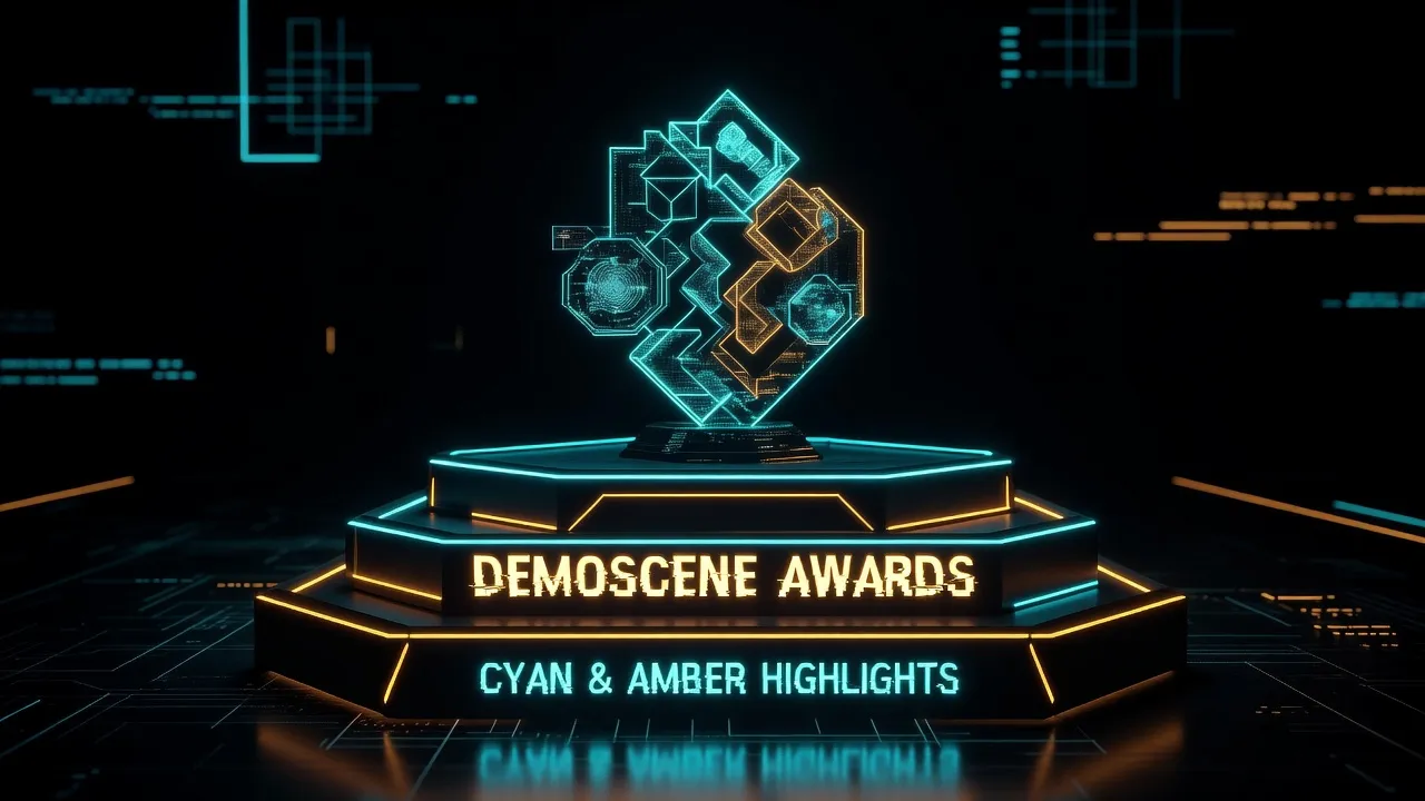 Neon-style demoscene competition award with cyan and amber highlights