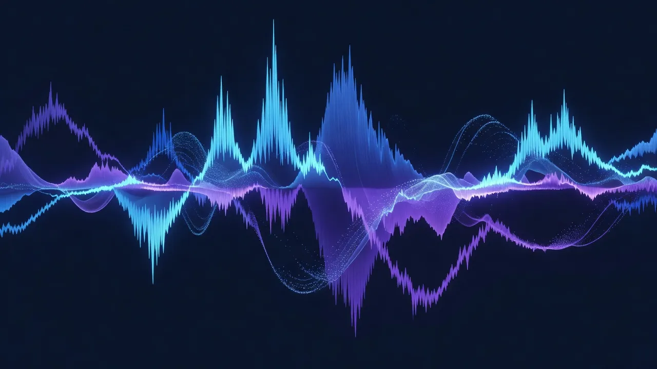 Sound wave visualization of demoscene music in cyan and violet