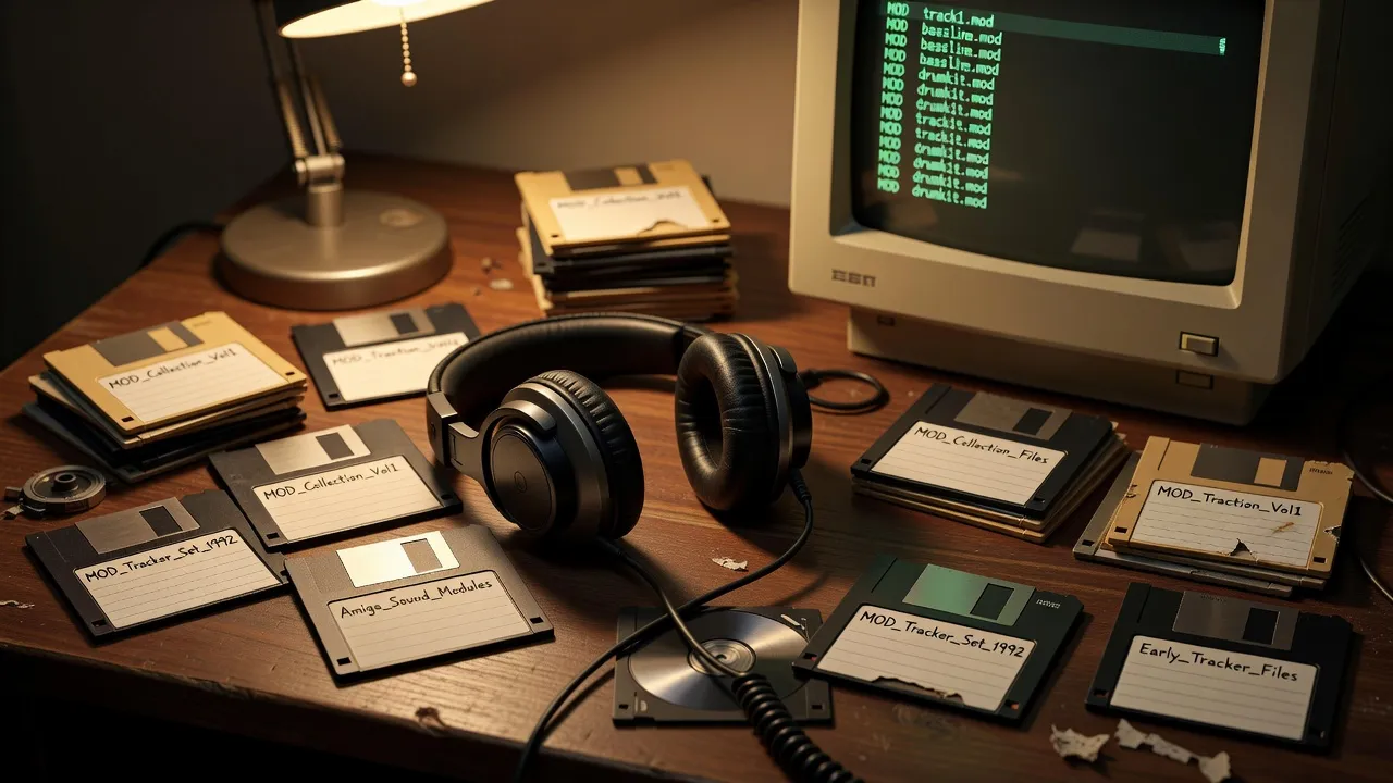 Headphones on dark desk surrounded by floppy disks and MOD files