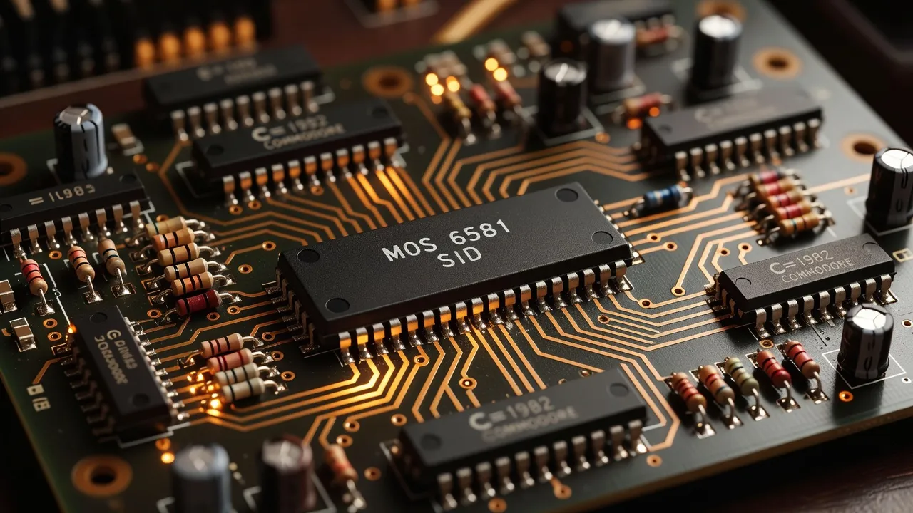 SID chip circuit board with glowing amber traces on dark PCB