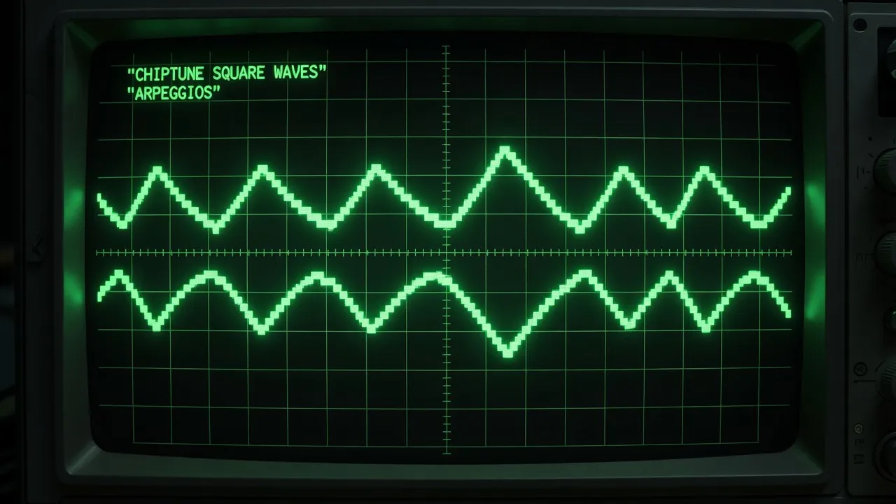 Oscilloscope waveform showing chiptune square waves with green phosphor glow