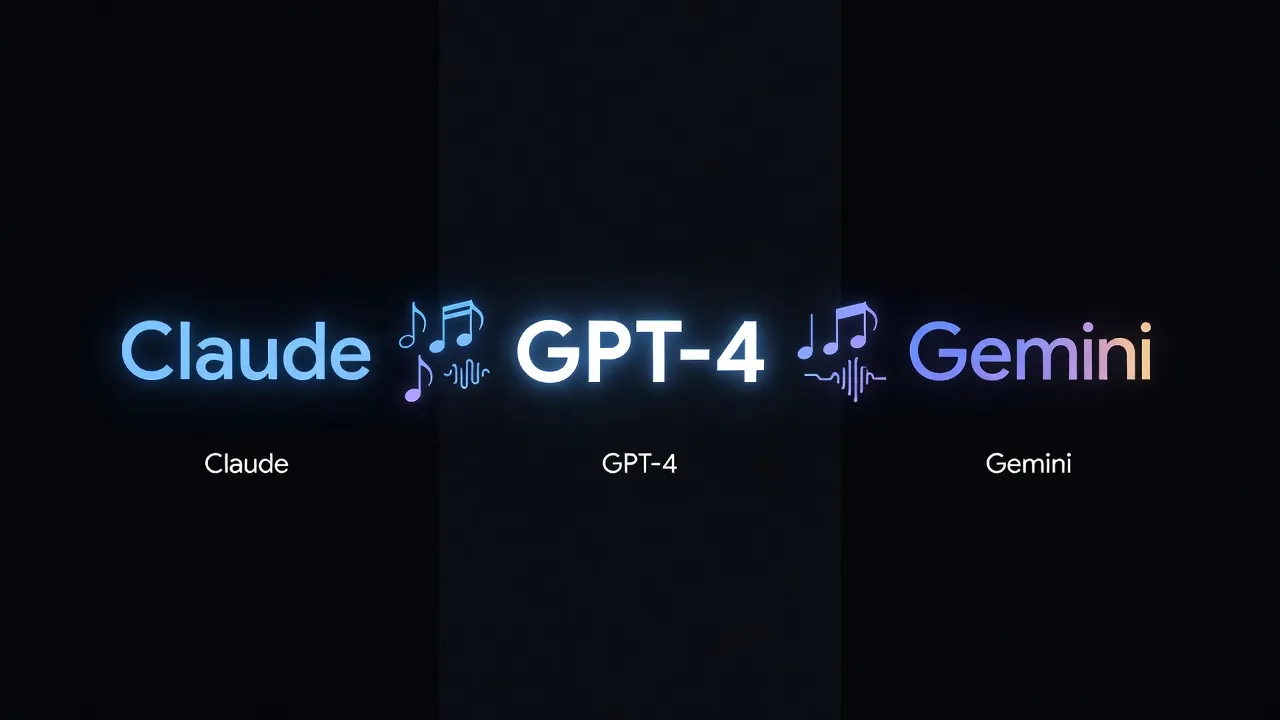 Claude, GPT-4, and Gemini logos with music and MIDI symbols on dark background