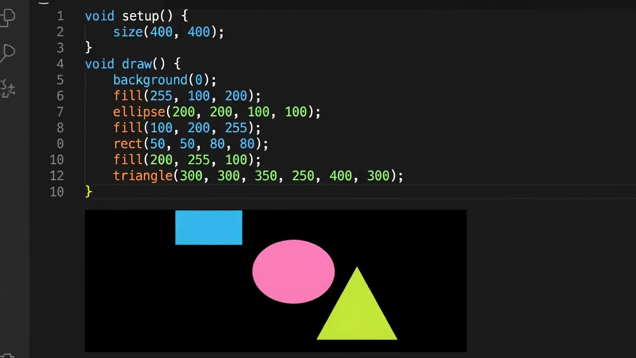 Code editor with simple Processing sketch creating geometric forms
