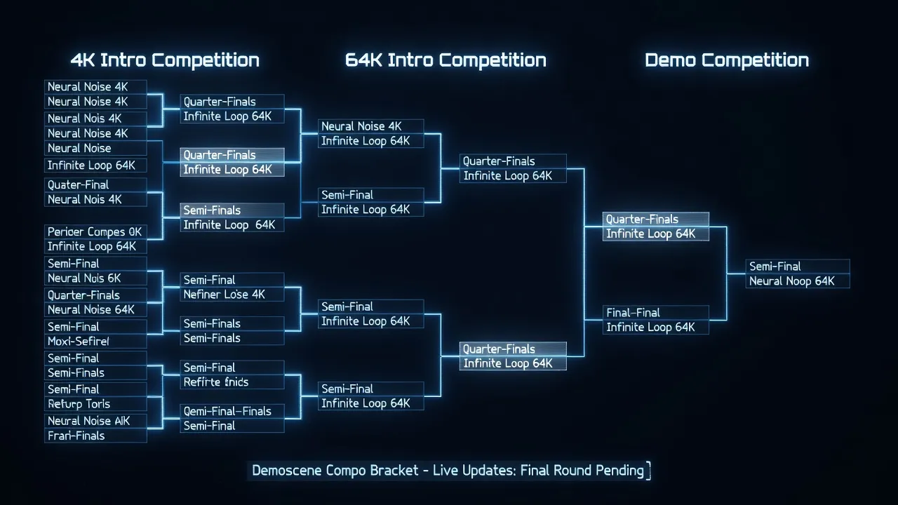 Demoscene competition category bracket in glowing dark interface