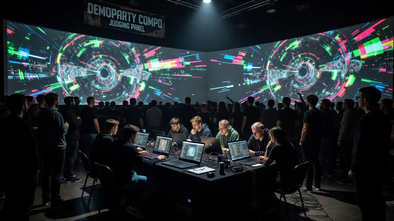 Demoparty judging panel with audience watching projection screen