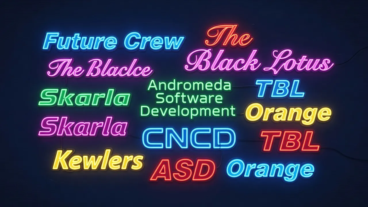 Neon typography collage of iconic demoscene group names