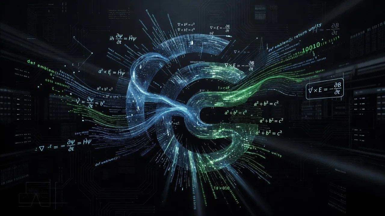 Mathematical code streams forming a demoscene group emblem