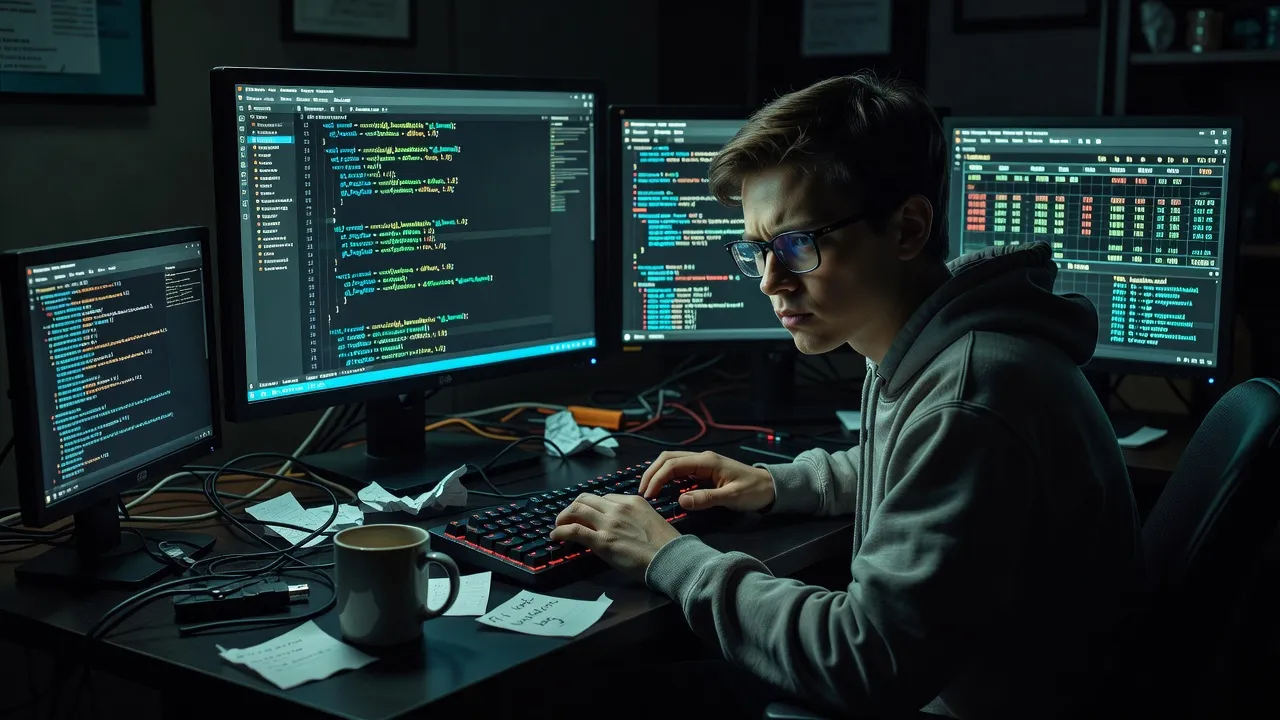 Beginner coder at dark workstation with shader code and tracker software