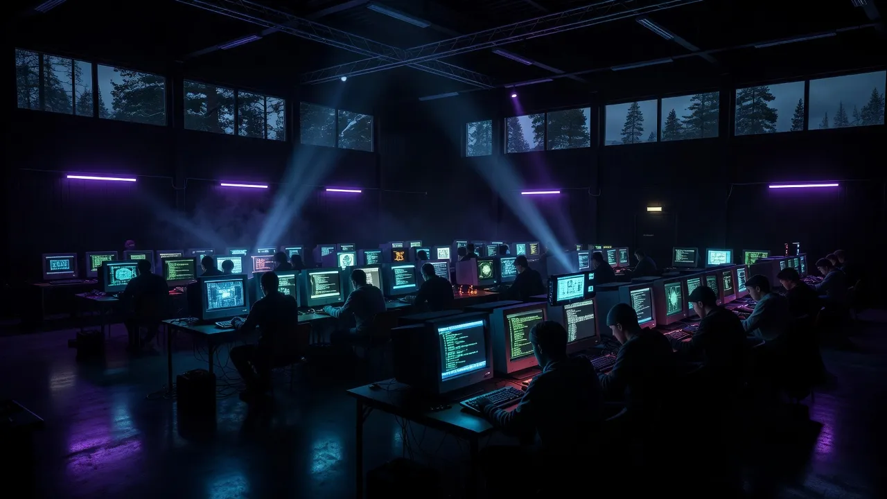Demoparty venue with rows of computers glowing in darkness