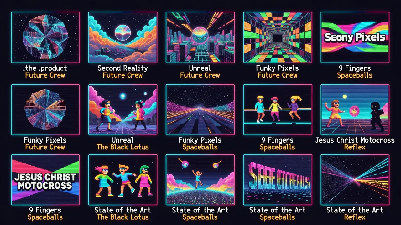 Grid of legendary demoscene productions in retro pixel art