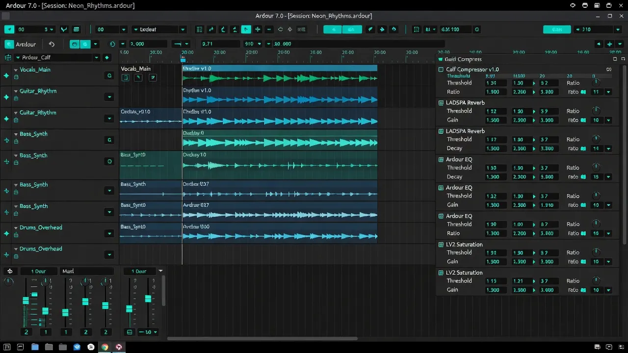 Ardour DAW multitrack session on dark Linux desktop with cyan UI