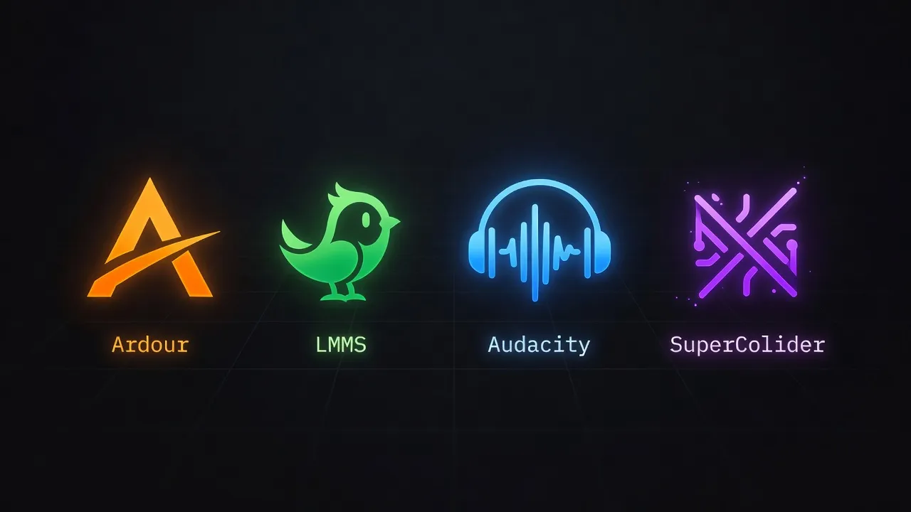 Open-source audio software logos — Ardour, LMMS, Audacity, SuperCollider