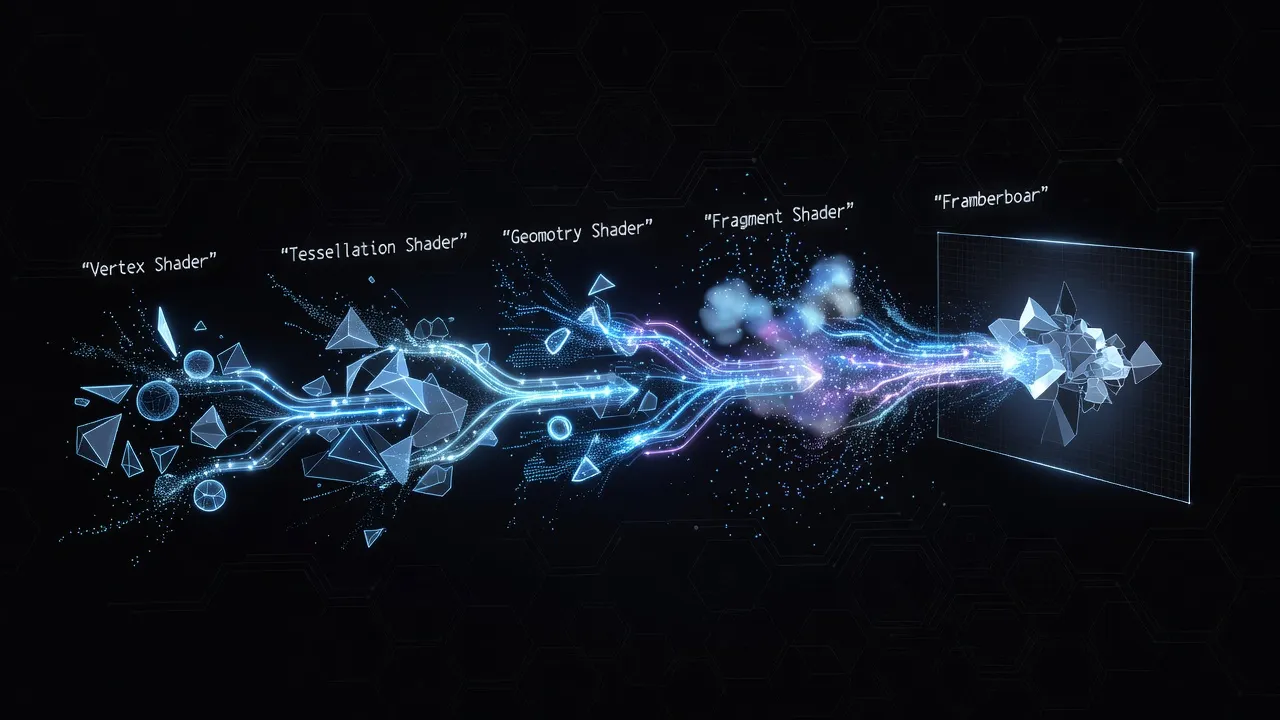 OpenGL pipeline diagram as glowing data flow from vertex shader to framebuffer