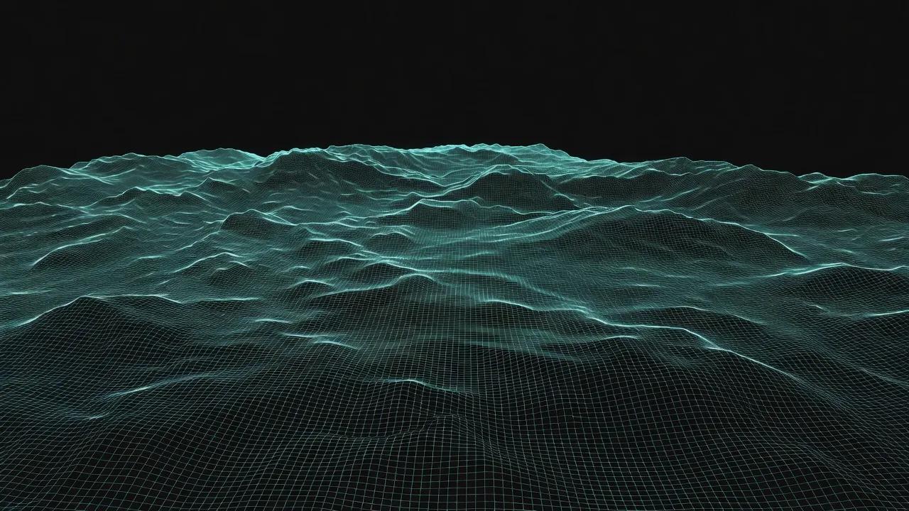 Procedurally generated terrain with cyan wireframe overlay on dark background