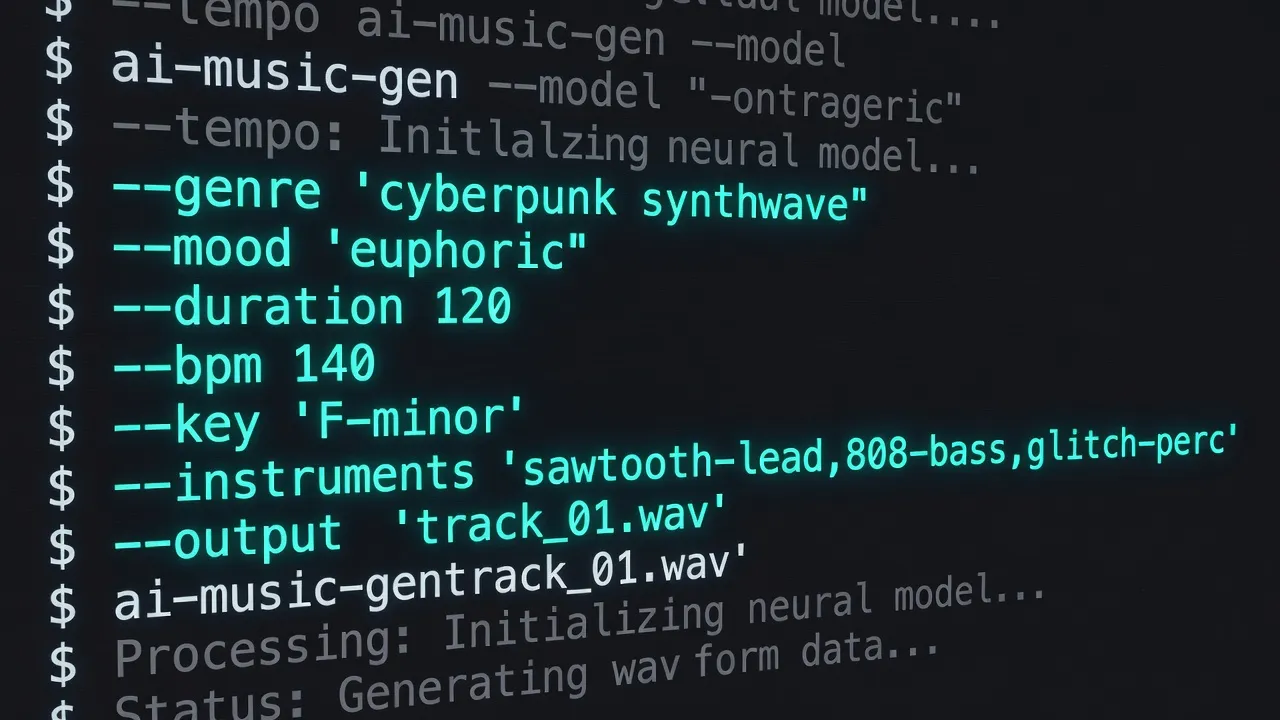 Text prompt interface for AI music generation with cyan highlighted keywords