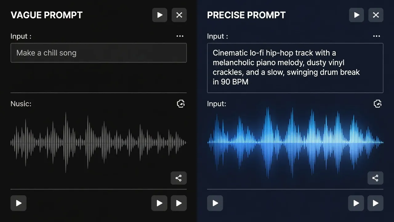 Before and after comparison of vague versus precise music prompts