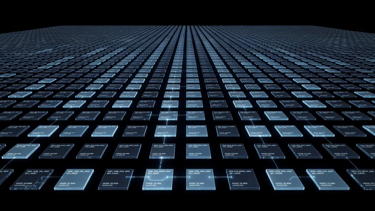 Digital archive of thousands of MOD files in glowing grid on dark background