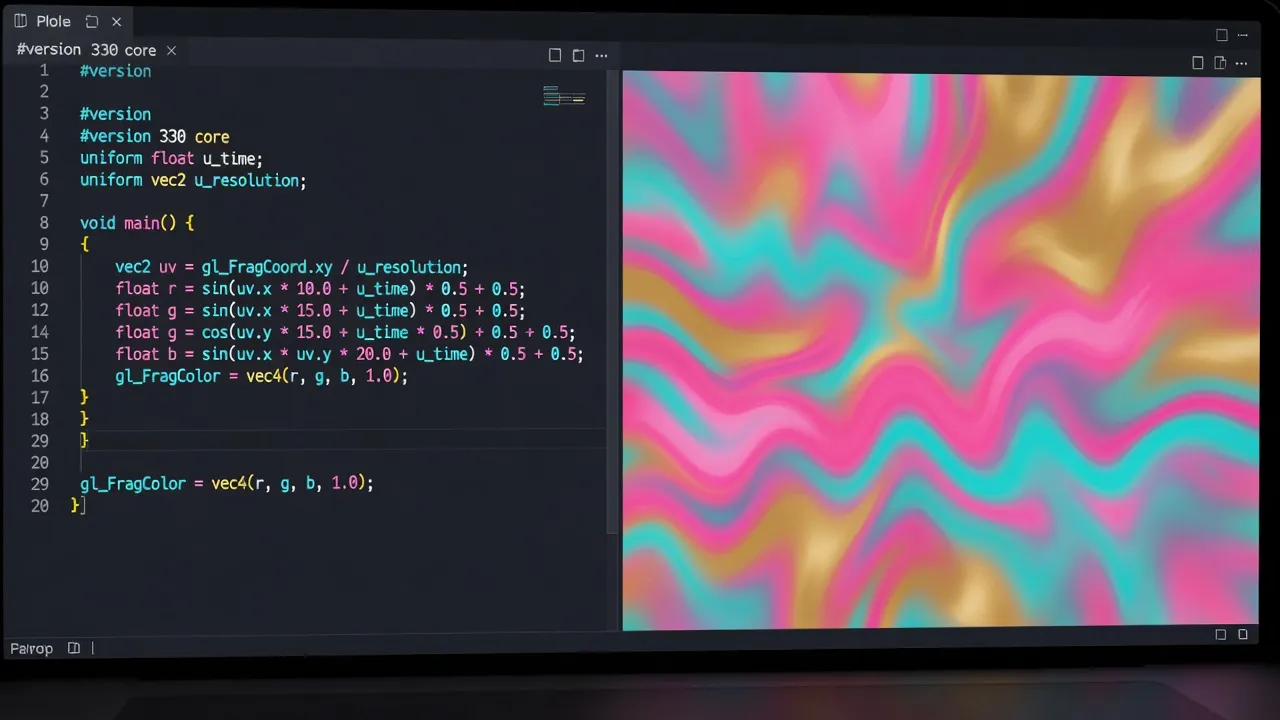 Code editor split-screen with GLSL shader and real-time preview