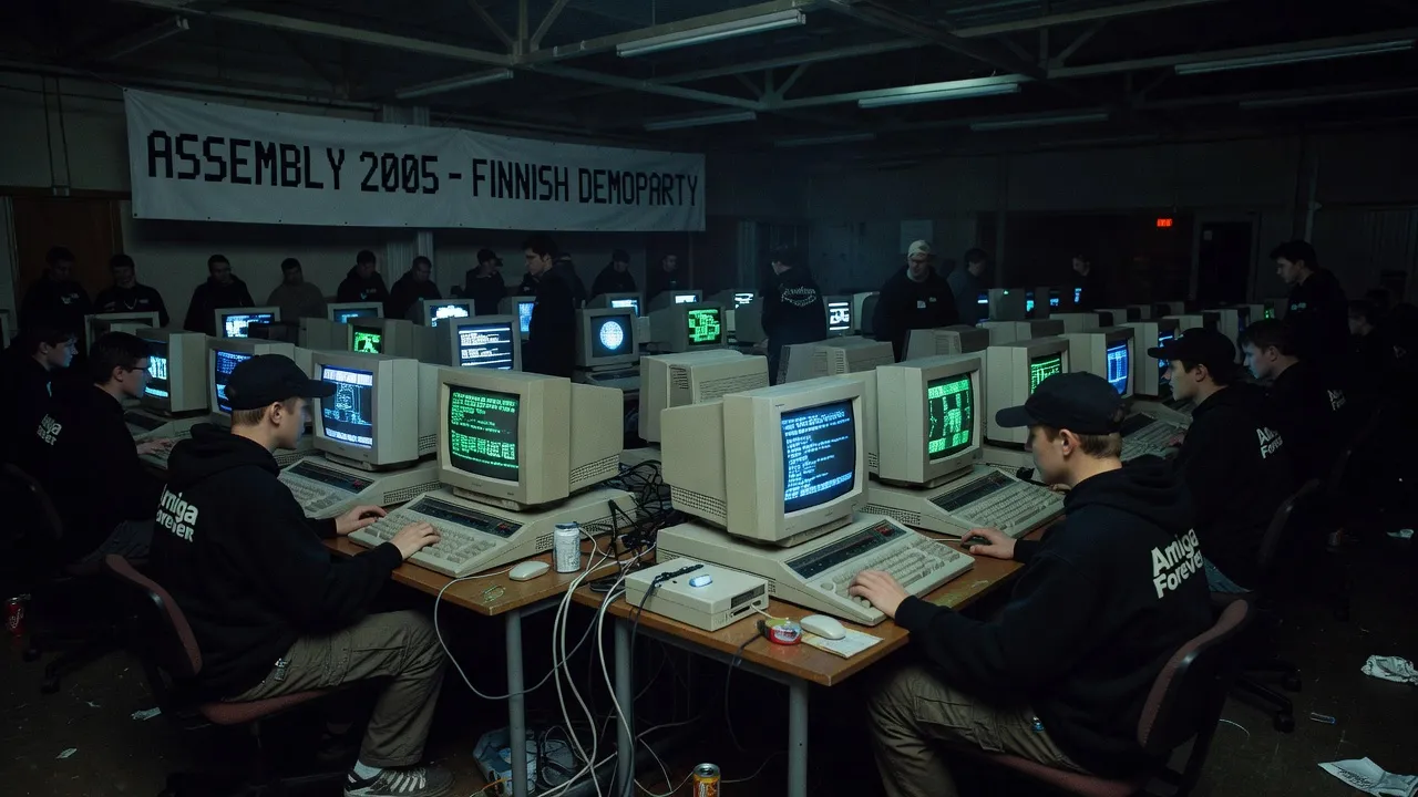 Stream Party 2005 venue with Amiga computers glowing in dark Finnish hall