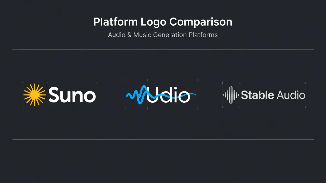 Suno, Udio, and Stable Audio platform logos side by side on dark background