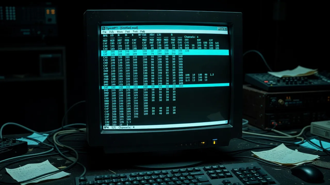 OpenMPT tracker pattern grid with cyan highlights on dark workstation