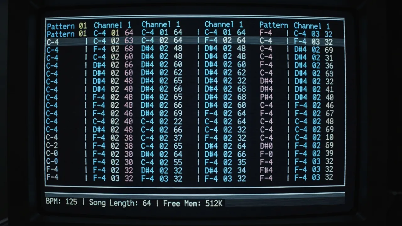 Tracker note sequences glowing in cyan on dark pattern editor