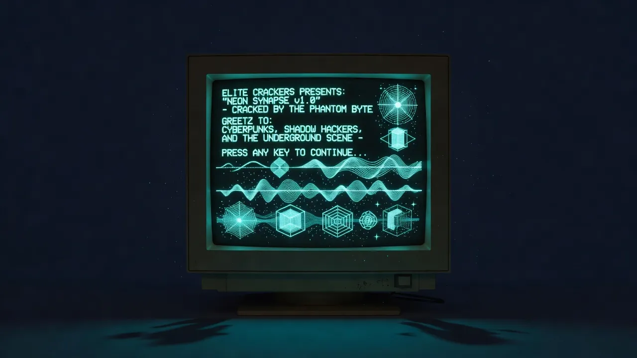 CRT monitor displaying demoscene cracktro animation with cyan phosphor glow