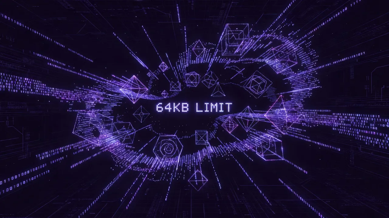 Code particles forming geometric shapes within the 64KB size constraint
