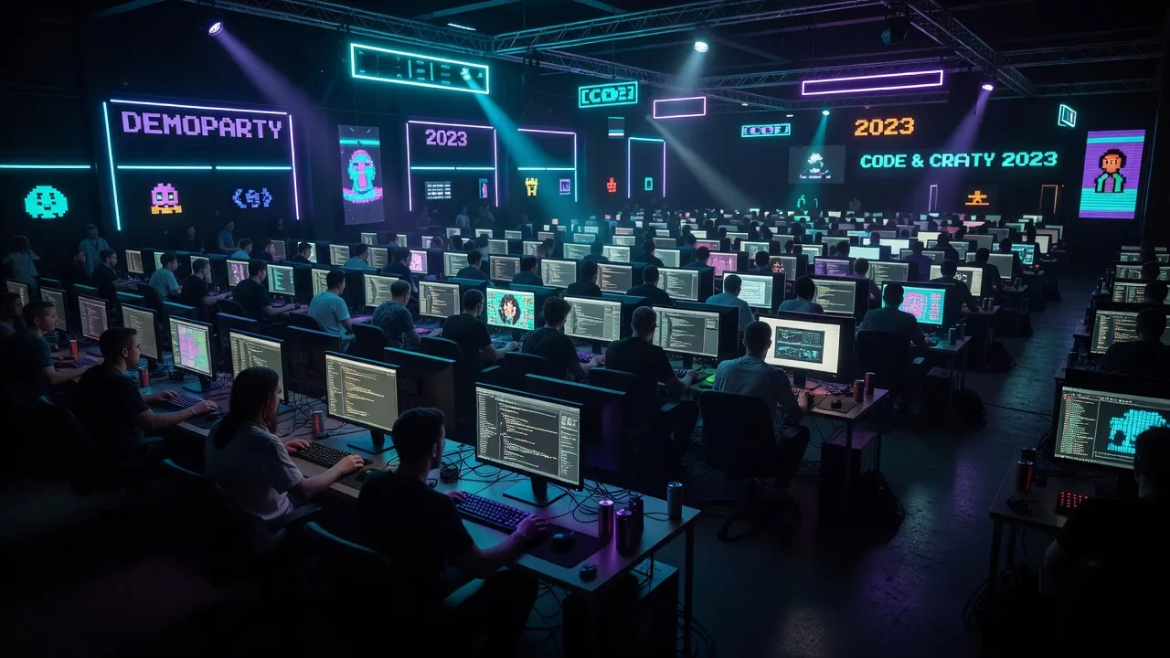Demoparty event — coders at computers in a dark hall with neon lights